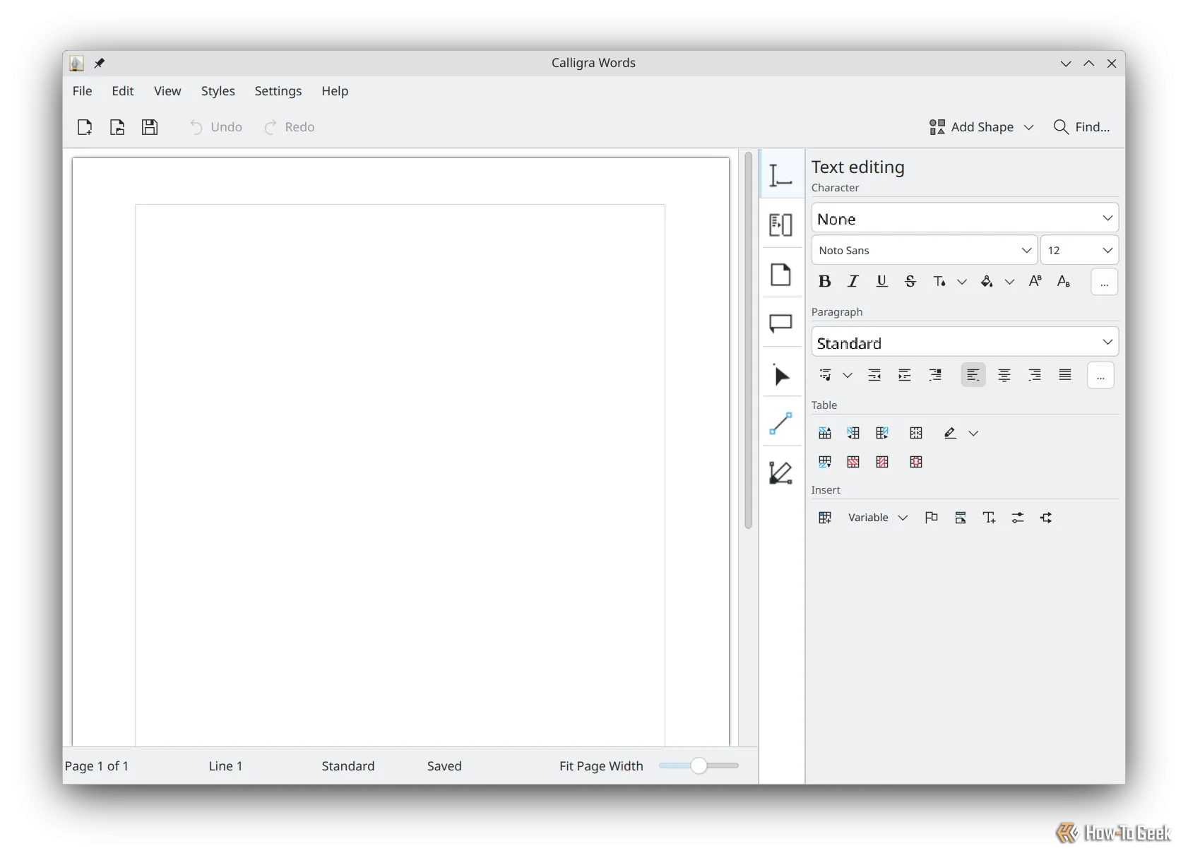 Giao diện ứng dụng Calligra Words trên hệ điều hành Kubuntu Linux với menu tùy chỉnh bên phải.