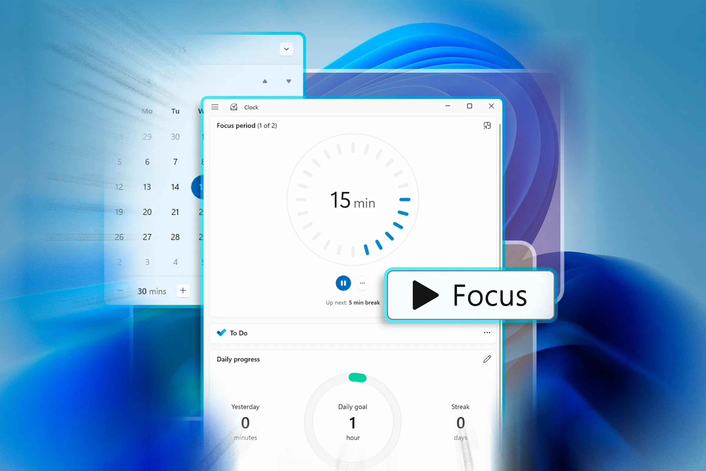 Giao diện ứng dụng Đồng hồ trên Windows 11 ở chế độ phiên Tập trung (Focus Session), hỗ trợ kỹ thuật Pomodoro.