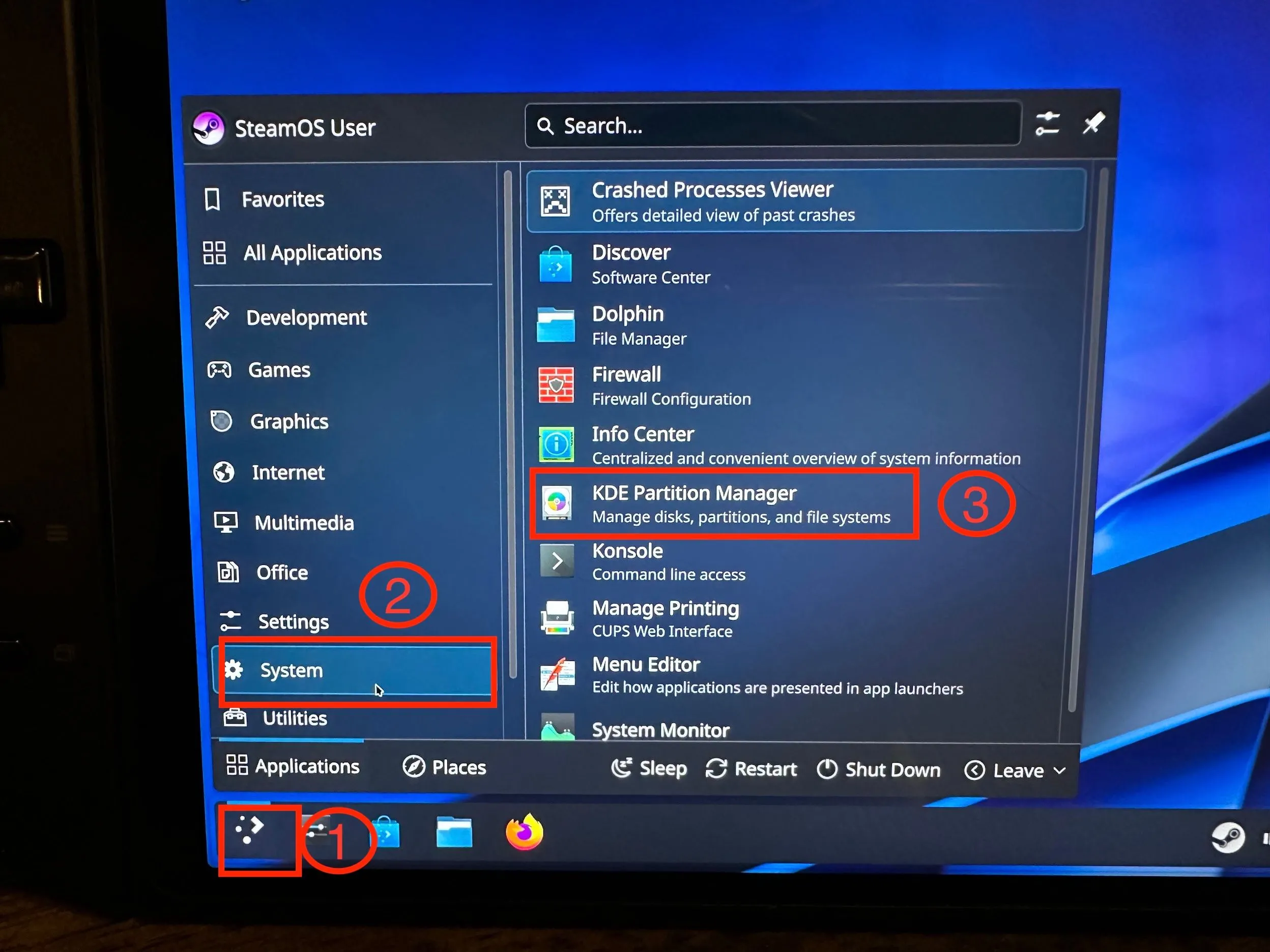 Giao diện ứng dụng KDE Partition Manager trên SteamOS