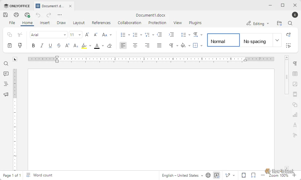 Giao diện ứng dụng ONLYOFFICE Writer với bố cục và thanh công cụ quen thuộc tương tự Microsoft Word.