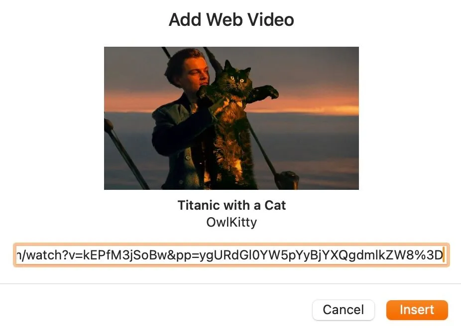 Giao diện ứng dụng Pages trên Mac hiển thị cách nhúng liên kết video, minh họa quy trình chèn video hiện tại.