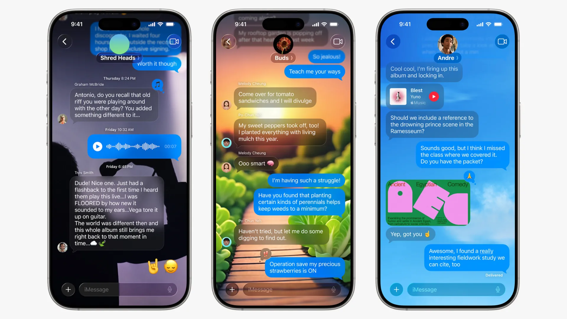 Giao diện ứng dụng Tin nhắn Apple với tính năng hình nền chat tùy chỉnh, thể hiện khả năng cá nhân hóa.