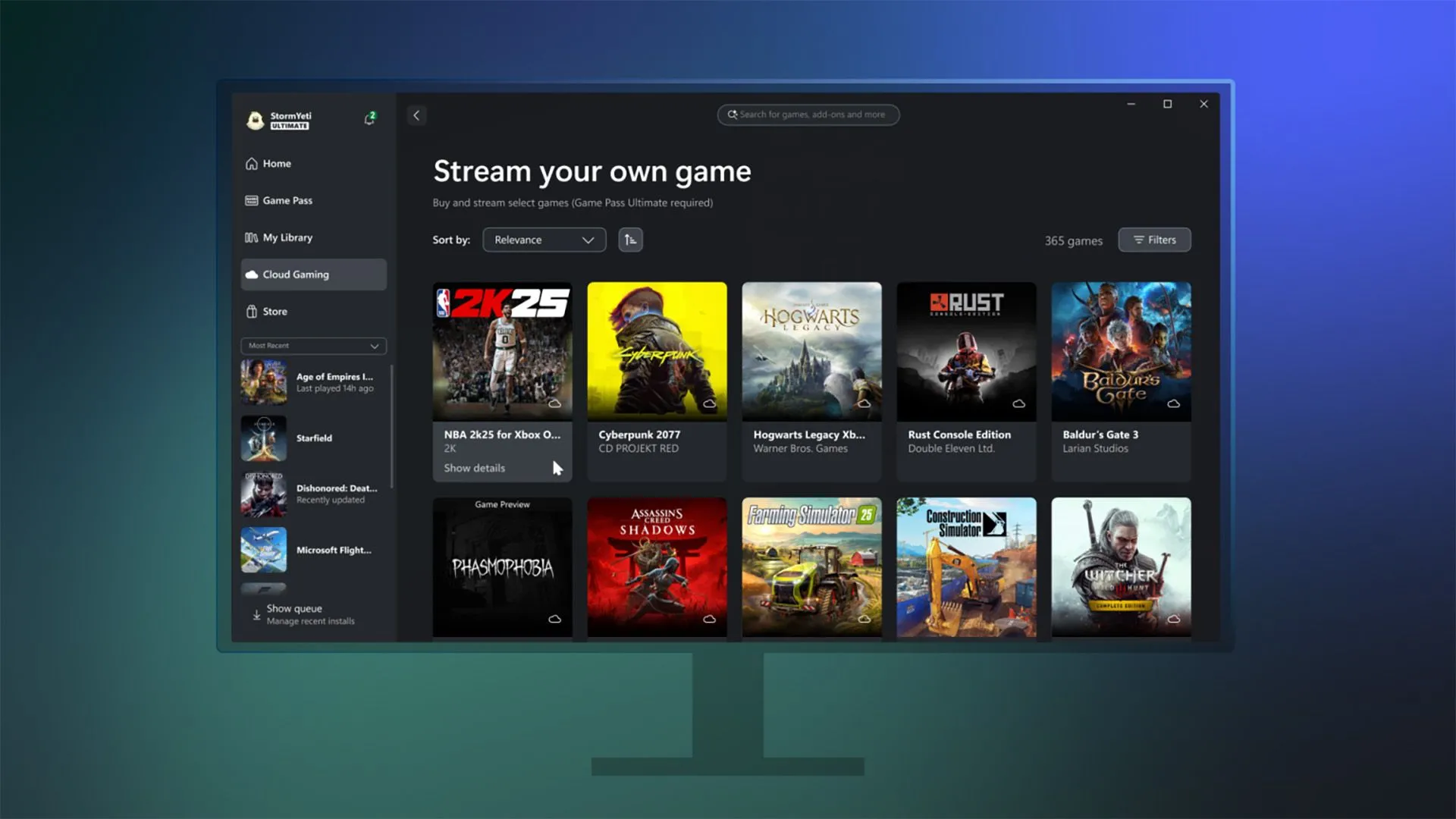 Giao diện ứng dụng Xbox trên máy tính, cho phép người dùng stream game Xbox trực tiếp lên PC.