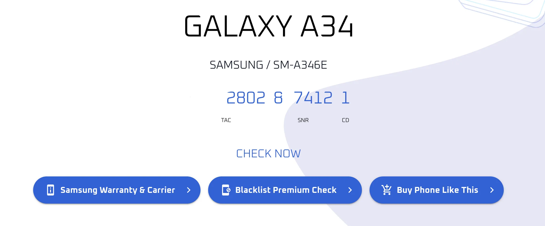Giao diện website IMEI.info hiển thị kết quả kiểm tra số IMEI của điện thoại.