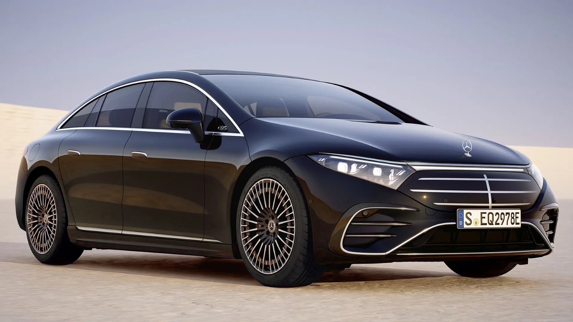 Góc nhìn 3/4 phía trước của mẫu sedan điện hạng sang Mercedes-Benz EQS 2025, toát lên vẻ đẳng cấp và hiện đại.