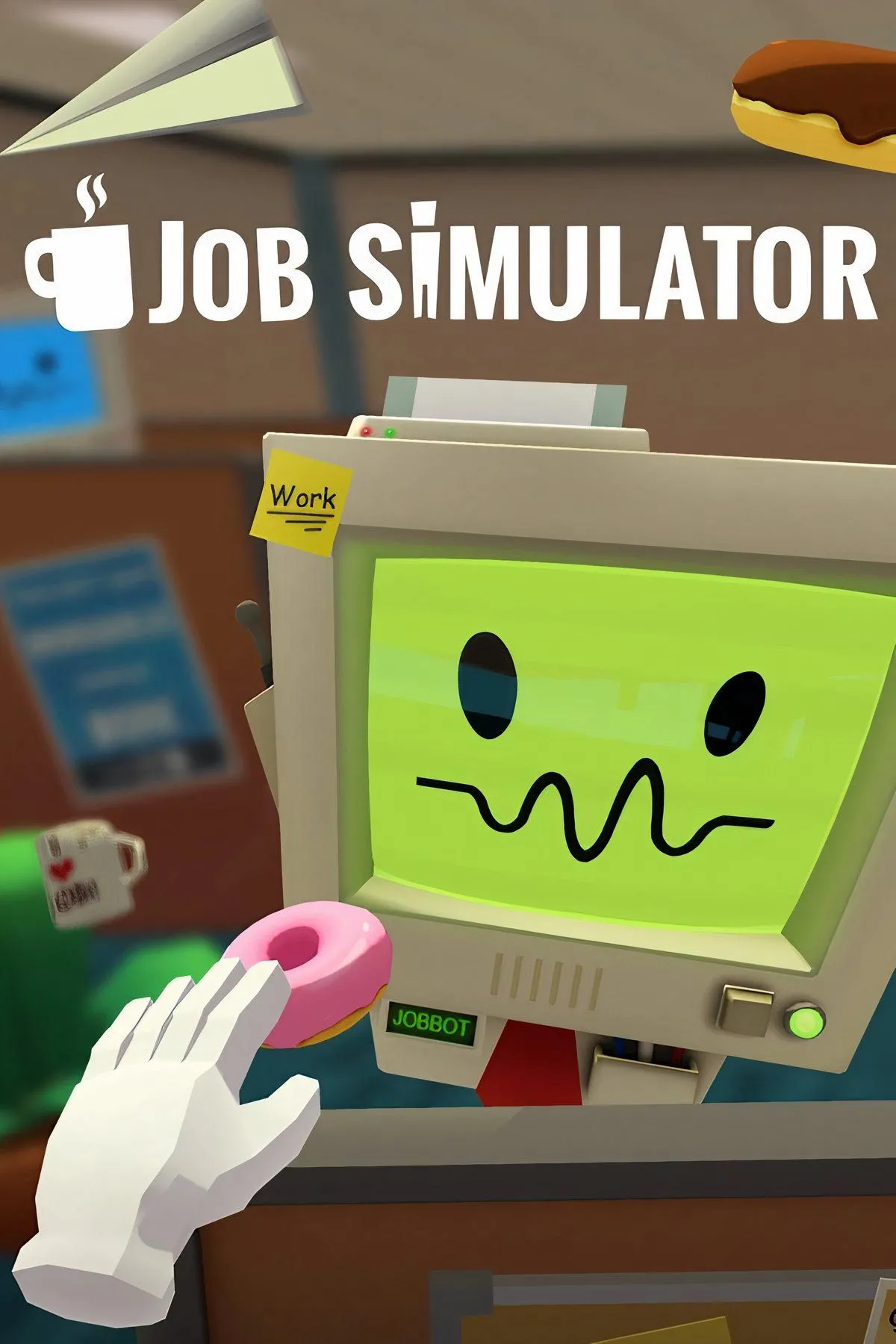 Góc nhìn từ bên trong Job Simulator, mô tả một môi trường bếp ăn với các vật phẩm tương tác và bàn làm việc.