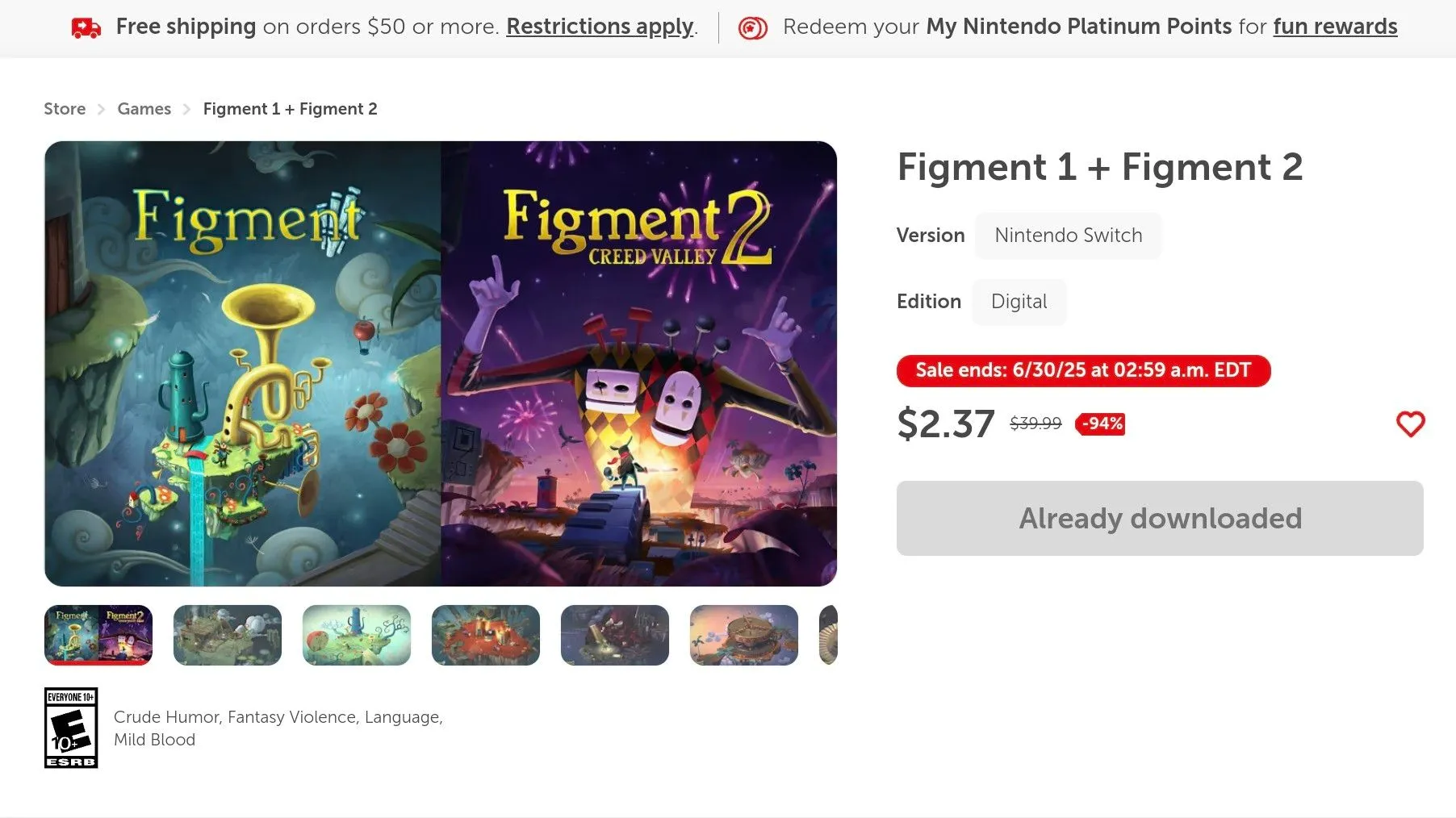 Gói game Figment 1 &amp; 2 được bán trên Nintendo eShop với giá ưu đãi, thể hiện khả năng giảm giá của các nền tảng console.