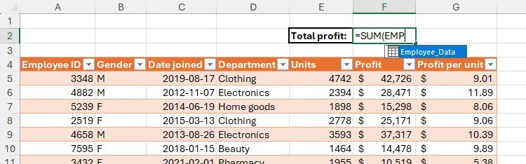 Gợi ý tên bảng trong Excel để thêm vào công thức
