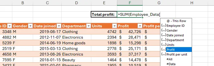 Gợi ý tên cột trong Excel để thêm vào công thức