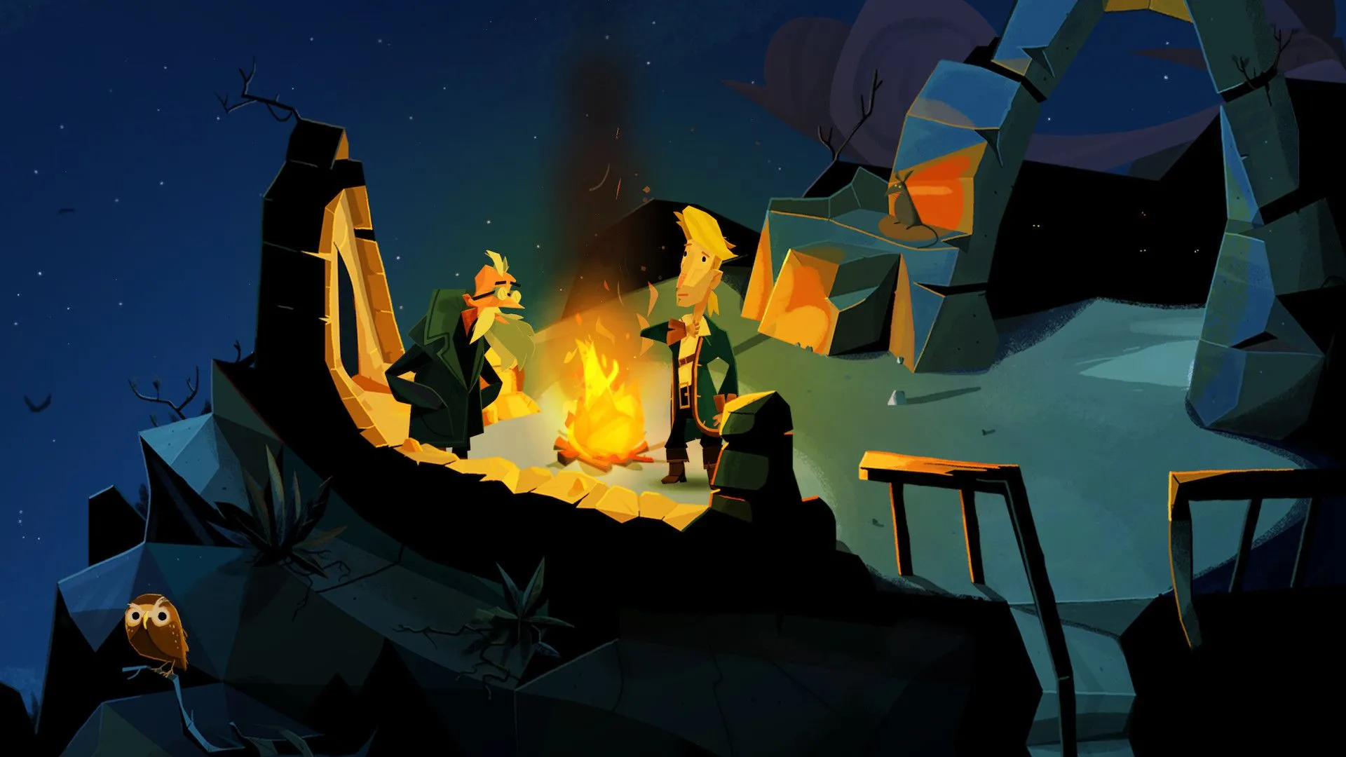 Guybrush Threepwood nói chuyện với ba cướp biển quanh đống lửa trong Return to Monkey Island.