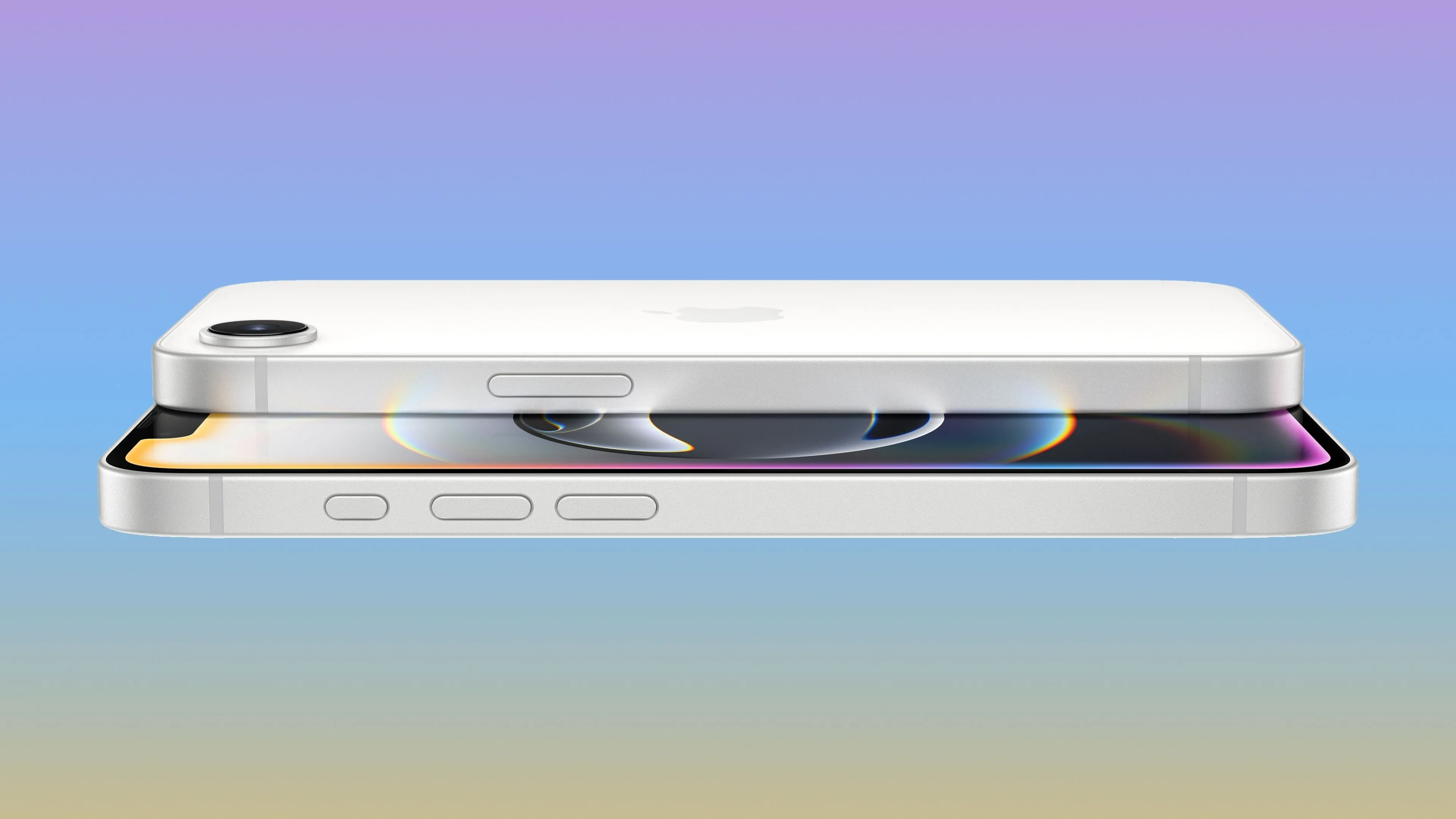 Hai chiếc iPhone 16e màu xanh và đen được xếp chồng lên nhau, thể hiện thiết kế tổng thể của thiết bị.