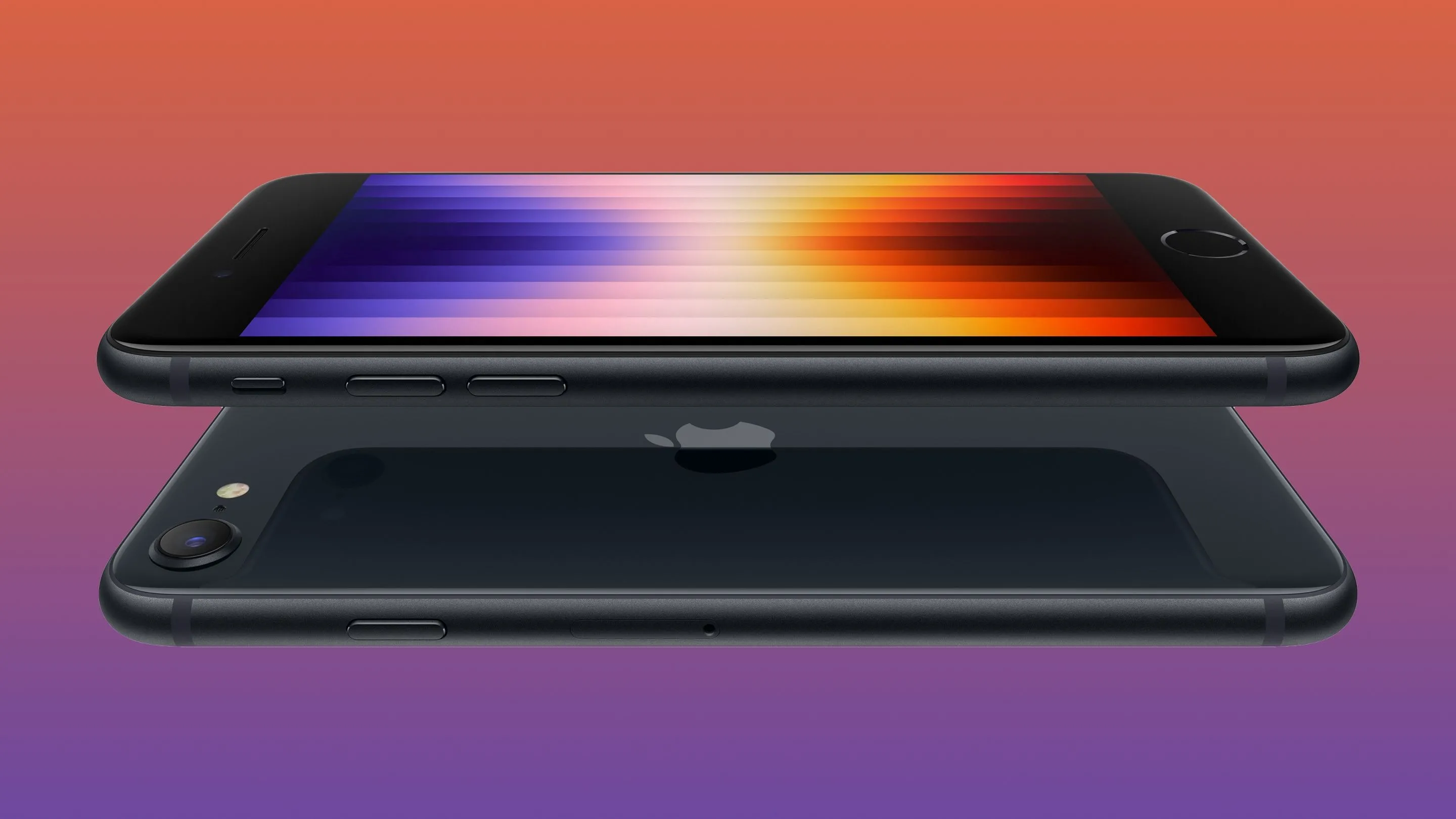 Hai chiếc iPhone SE thế hệ thứ ba năm 2022 với các màu sắc khác nhau, xếp chồng lên nhau, biểu thị sự lặp lại thiết kế.