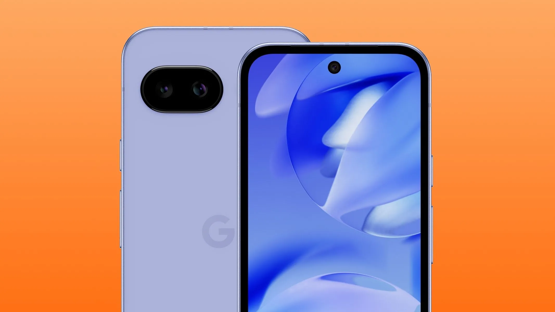 Hai điện thoại Google Pixel 9a màu tím, hiển thị mặt trước và mặt sau, khoe thiết kế hiện đại và cụm camera đặc trưng.
