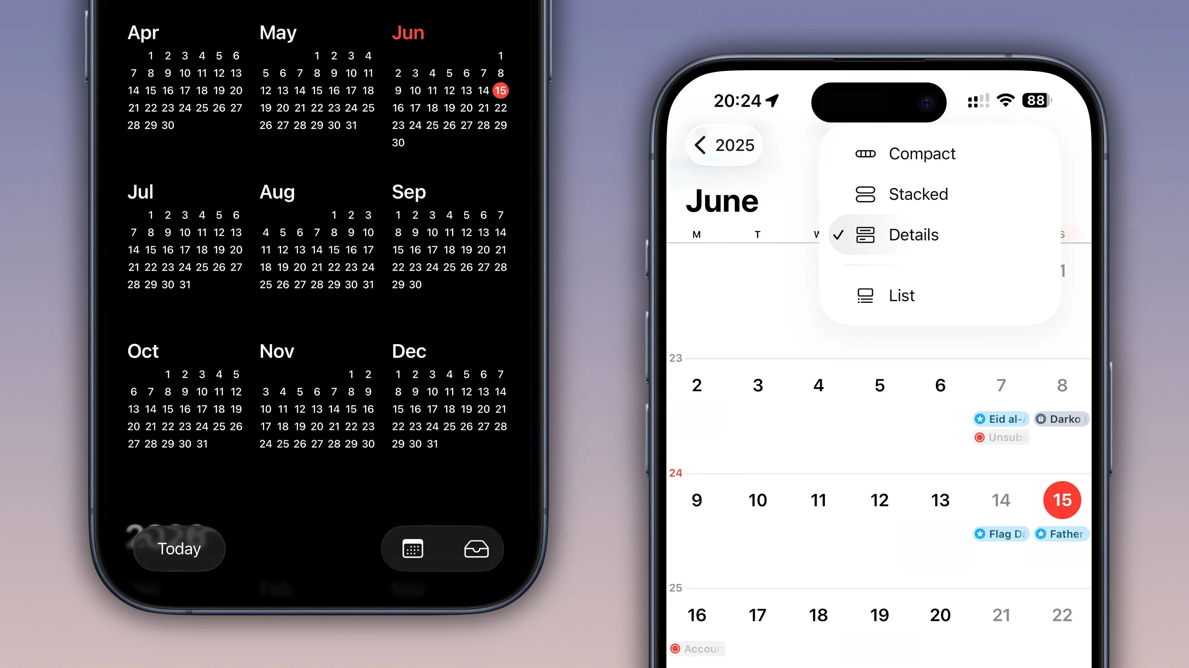 Hai màn hình iPhone hiển thị ứng dụng Lịch iOS 26 với chế độ xem năm và menu cài đặt, thể hiện giao diện được thiết kế lại của ứng dụng Lịch mới.