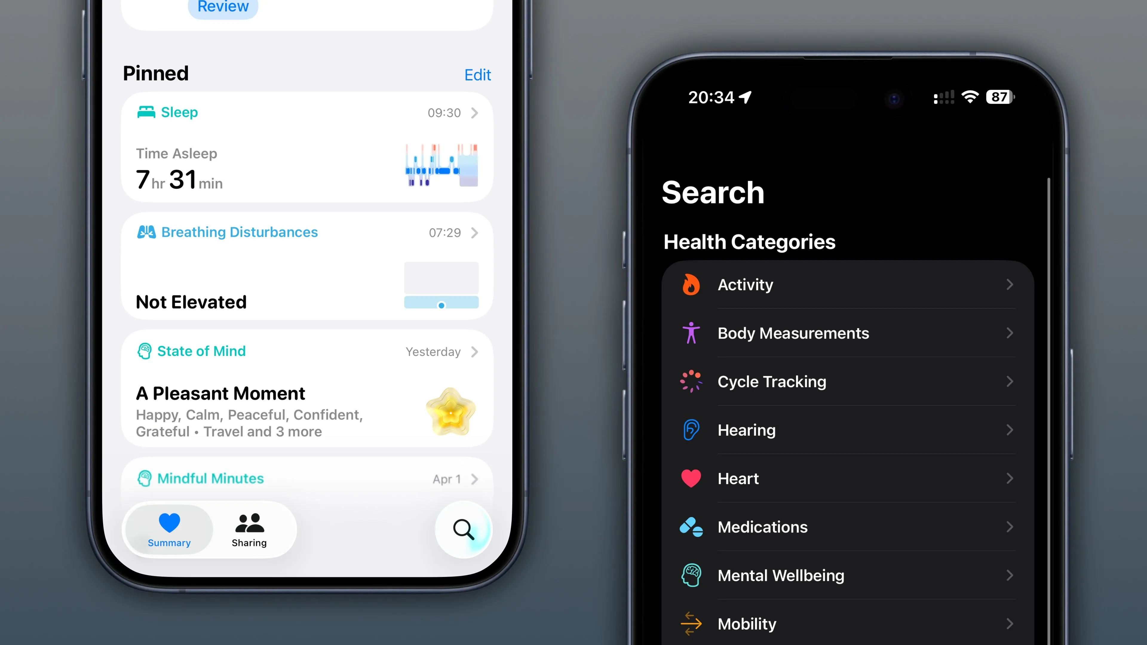 Hai màn hình iPhone hiển thị ứng dụng Sức khỏe iOS 26 với tóm tắt dữ liệu và chức năng tìm kiếm, minh họa giao diện Liquid Glass của ứng dụng Health mới.