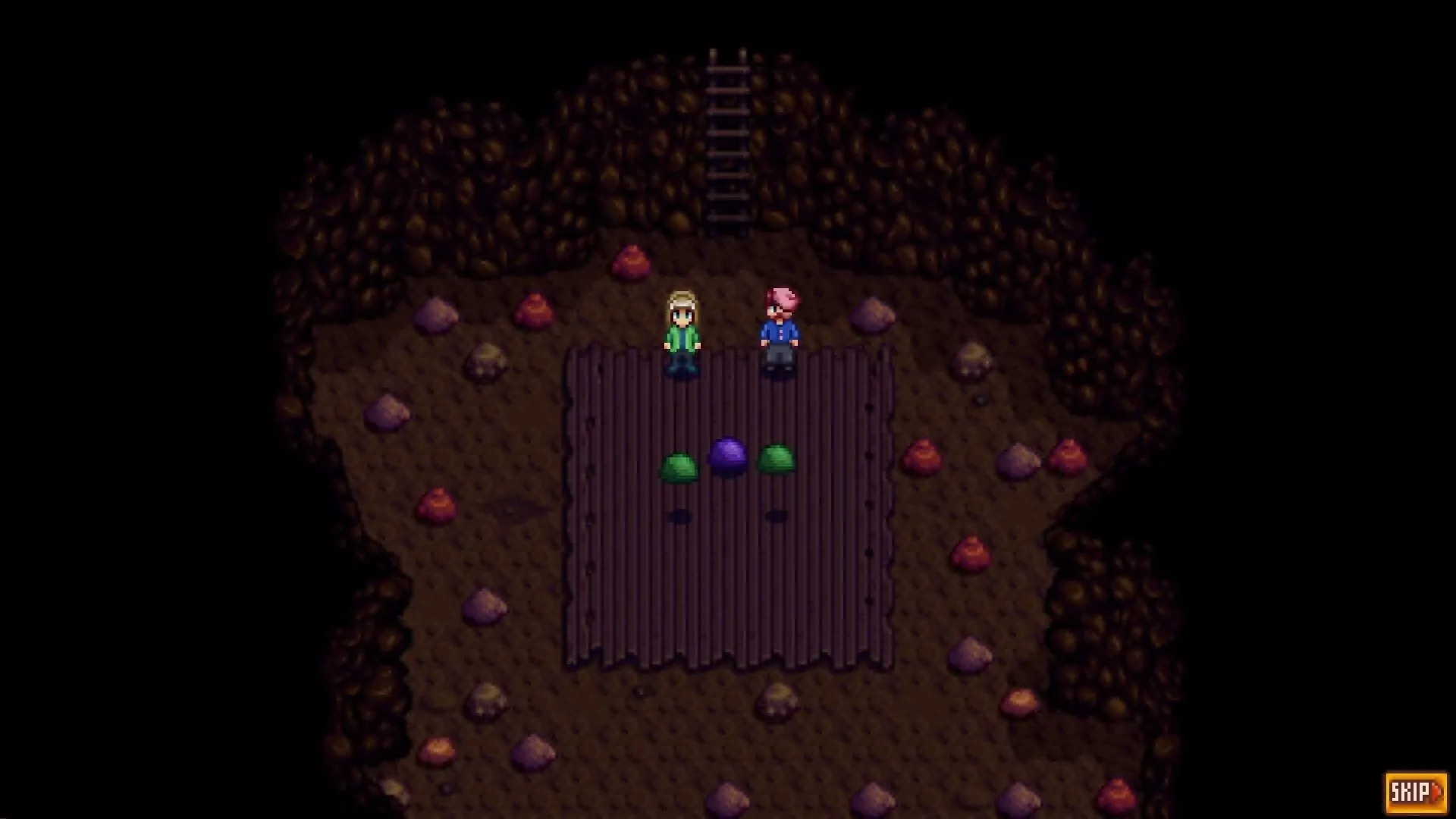 Hai nhân vật Stardew Valley đứng trước ba con slime thân thiện trong hang động, khám phá Guild Thám Hiểm mở rộng.
