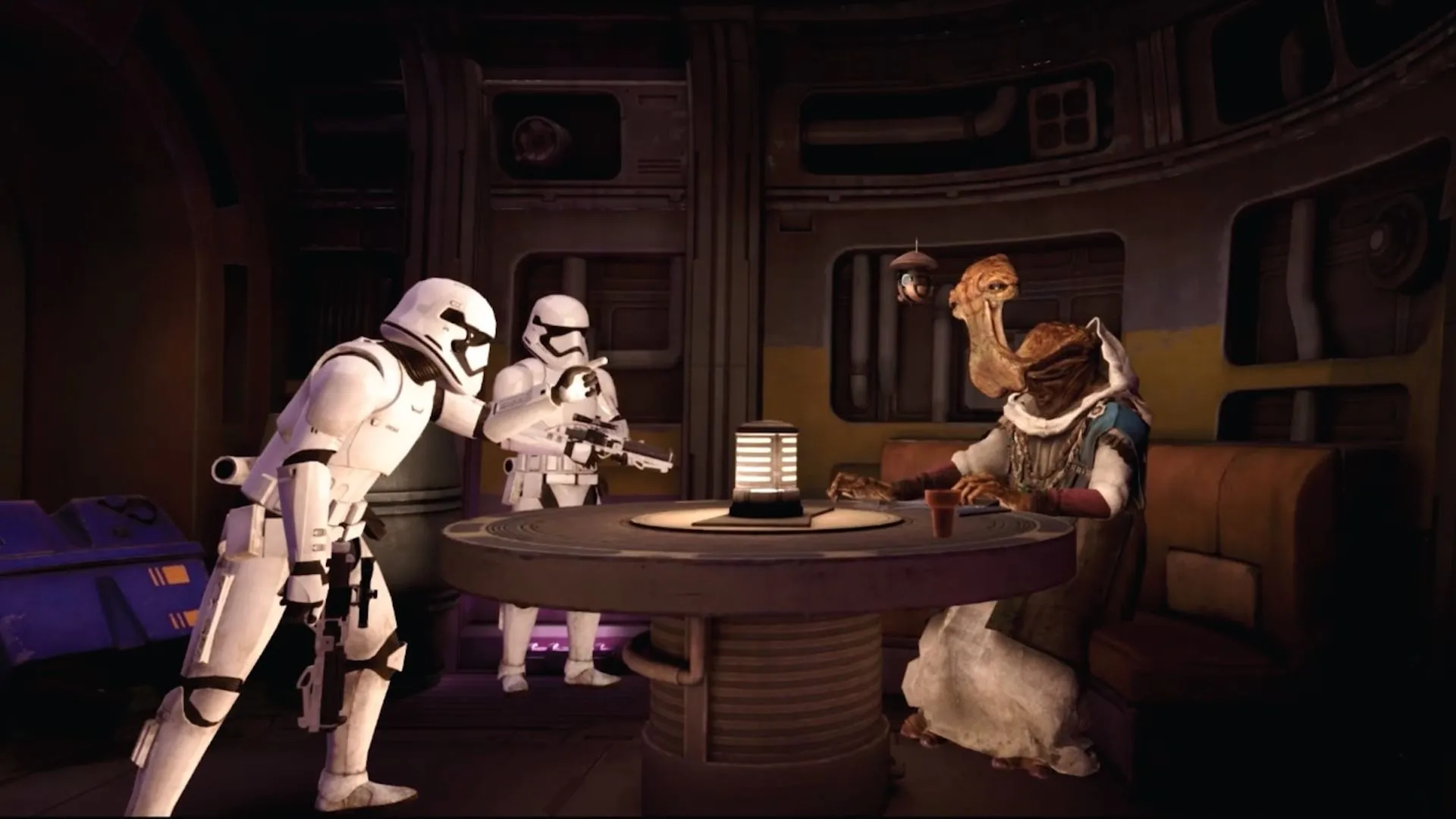 Hai Stormtrooper đang quở trách Dok-Ondar tại Black Spire Outpost trong game VR Star Wars: Tales from the Galaxy’s Edge.