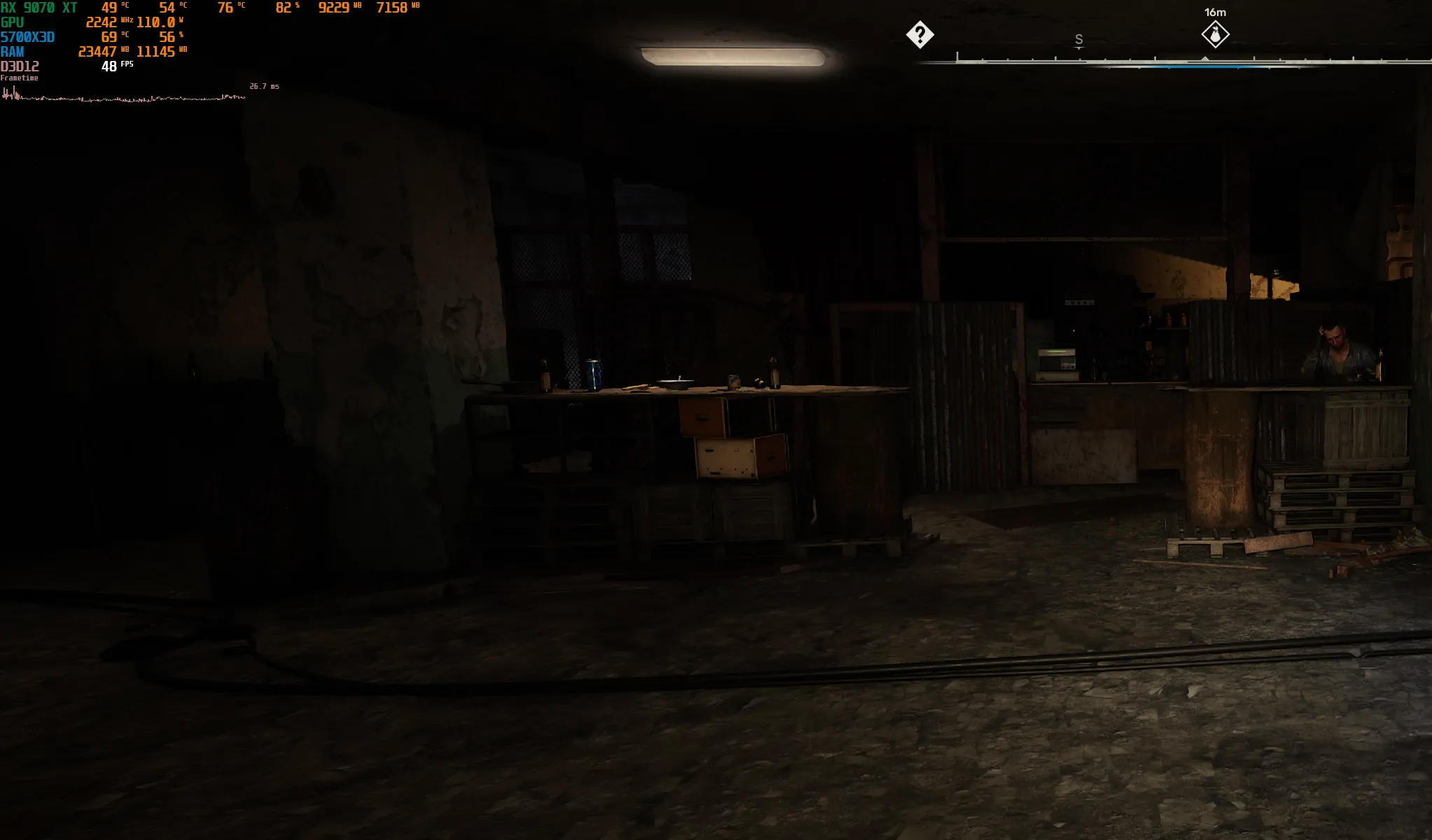 Hiệu năng trong khu định cư đông đúc của S.T.A.L.K.E.R. 2, một ví dụ về tựa game cực kỳ nặng CPU, gây nghẽn nghiêm trọng.