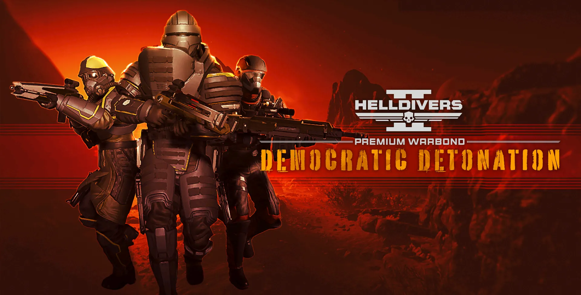 Hình ảnh bìa của gói Warbond Democratic Detonation trong Helldivers 2, nổi bật các vũ khí nổ mạnh.