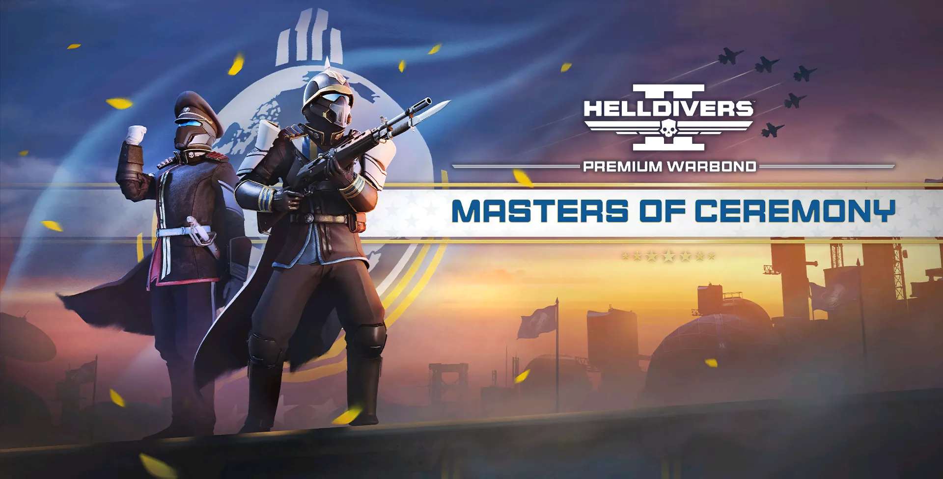 Hình ảnh bìa Warbond Masters of Ceremony trong Helldivers 2, thể hiện phong cách độc đáo và mới lạ.