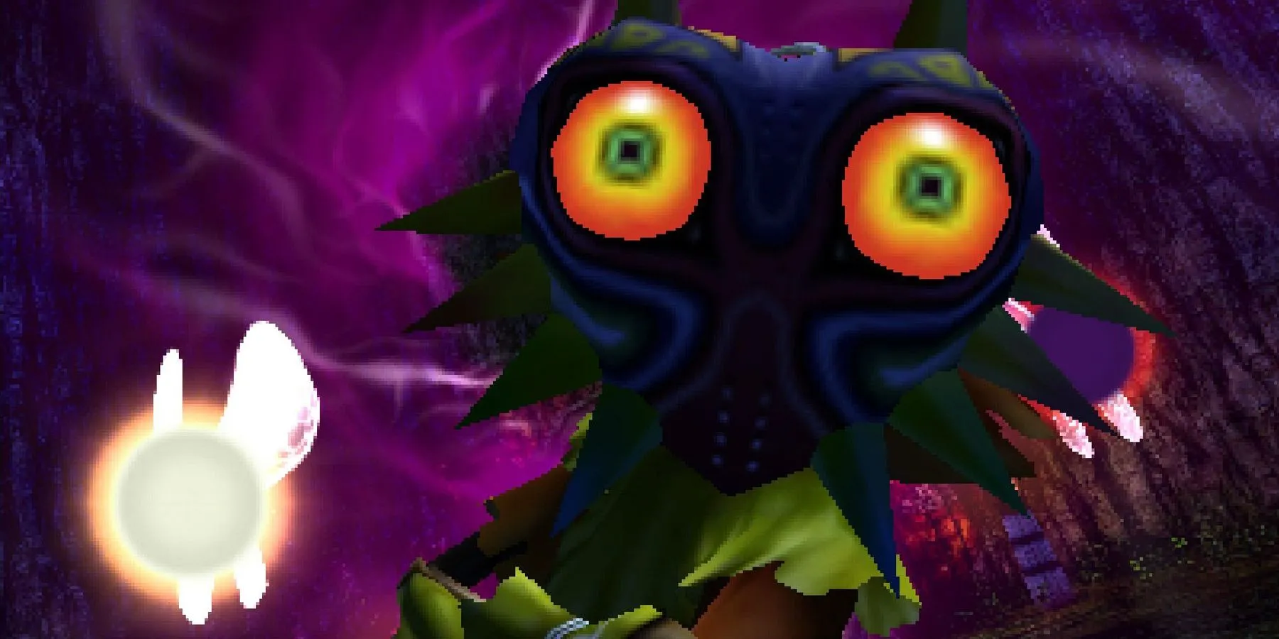 Hình ảnh cận cảnh nhân vật Skull Kid trong The Legend of Zelda: Majora's Mask trên hệ máy Nintendo 3DS, nổi bật với chiếc mặt nạ đáng sợ, thể hiện đồ họa 3D cổ điển của series.