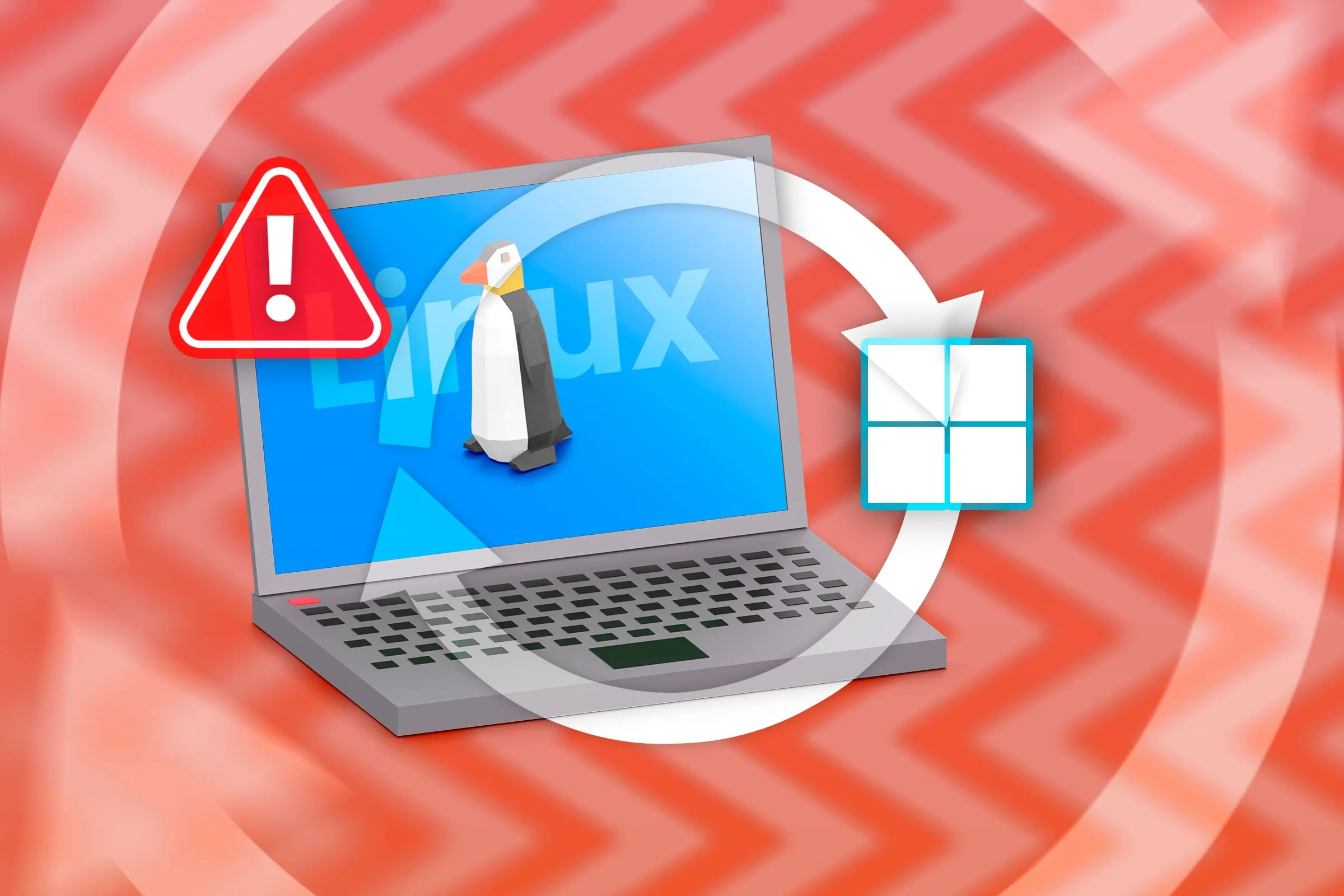 Hình ảnh cảnh báo laptop biểu tượng Linux và Windows bị trục trặc