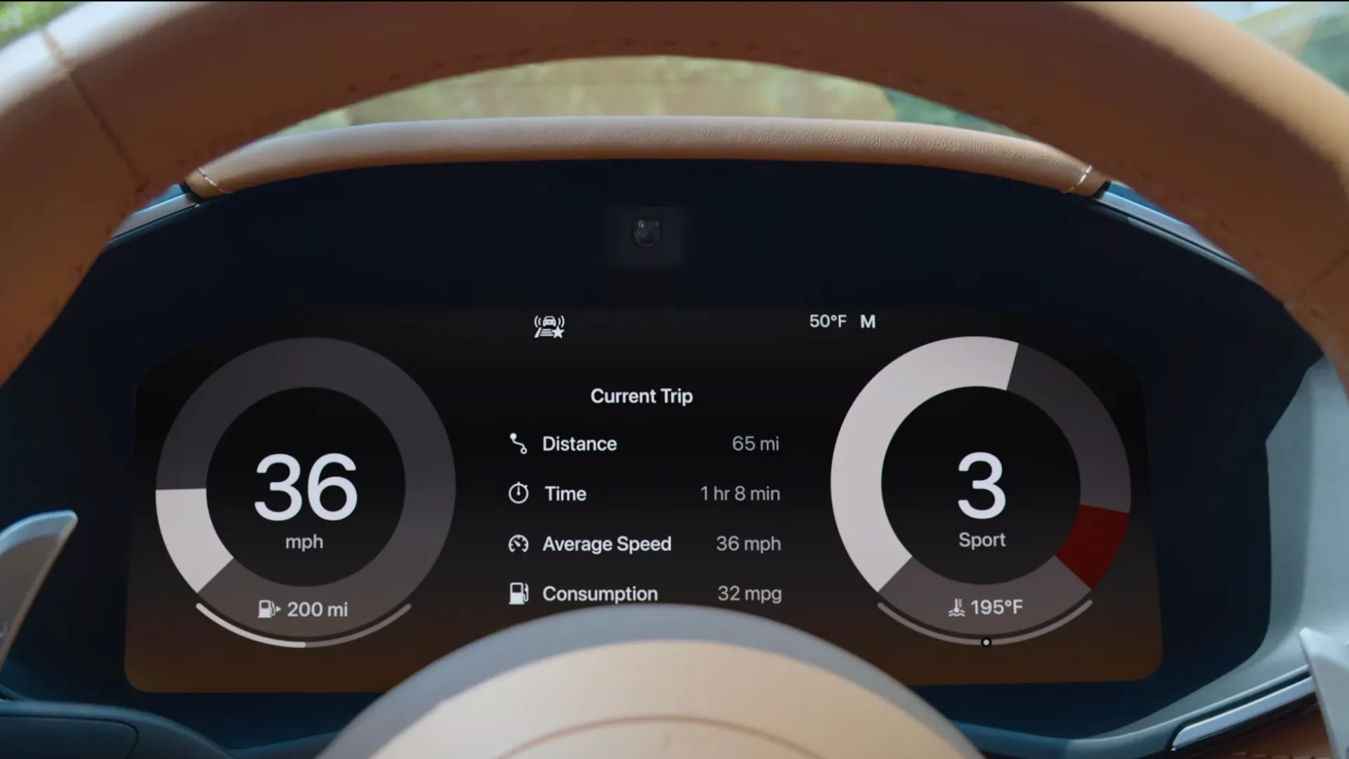 Hình ảnh CarPlay Ultra tích hợp sâu vào cụm đồng hồ kỹ thuật số của xe hơi, hiển thị thông tin liền mạch với dữ liệu lái xe.