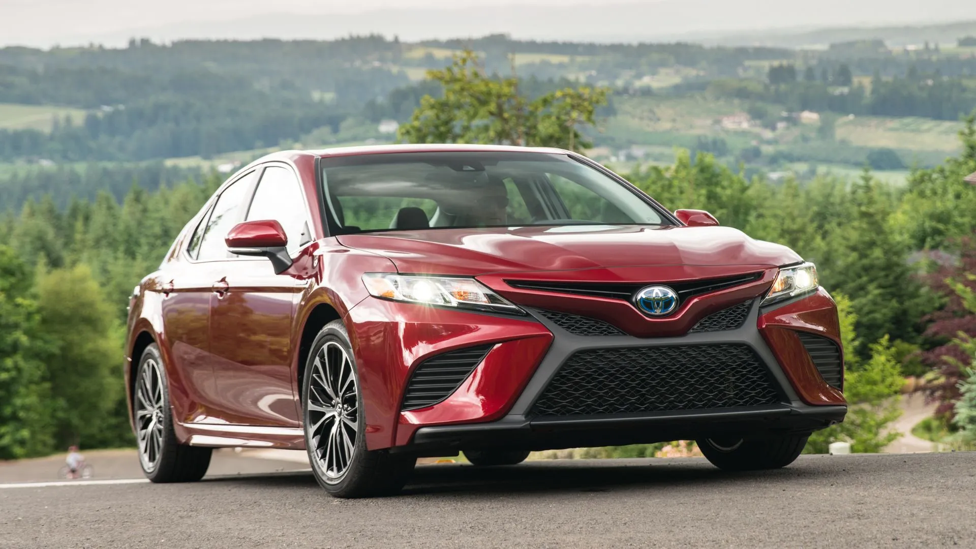 Hình ảnh chiếc Toyota Camry SE Hybrid 2020 màu đỏ nổi bật giữa khung cảnh cánh đồng xanh mướt, thể hiện sự kết hợp giữa hiệu suất và vẻ đẹp.