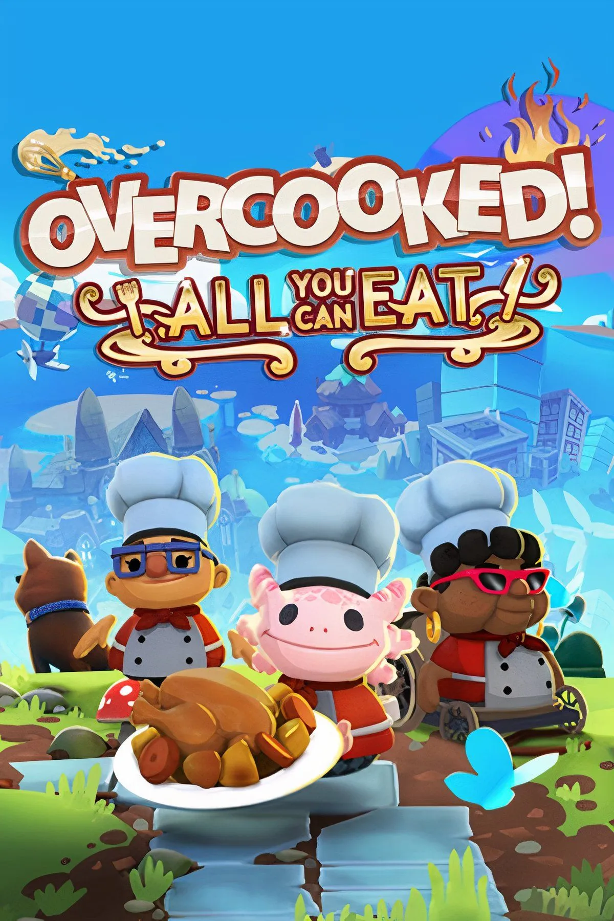 Hình ảnh collage từ game Overcooked! All You Can Eat, các đầu bếp đang bận rộn trong một nhà bếp đầy hỗn loạn trên thuyền và không gian kỳ lạ.