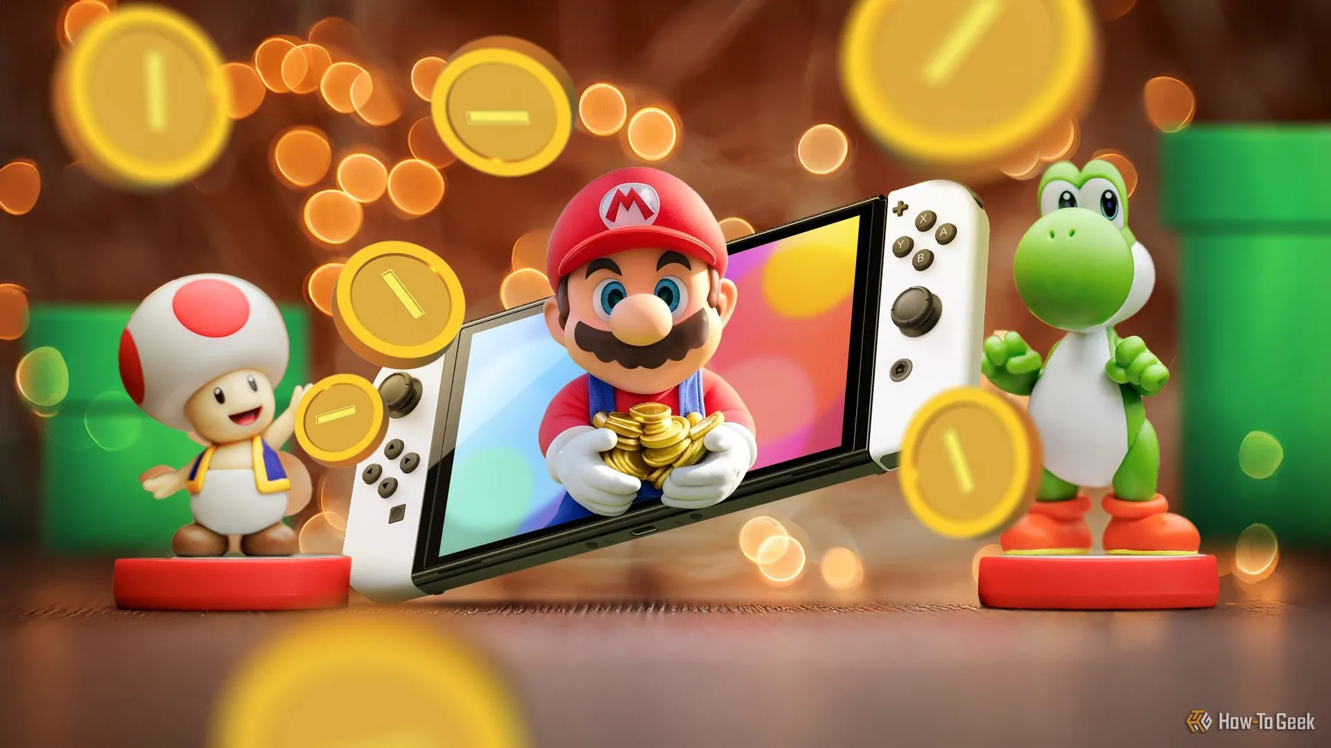 Hình ảnh game Super Mario trên màn hình Nintendo Switch, với nhân vật Mario, Toad và Yoshi, minh họa cho sức hút của các tựa game độc quyền Nintendo