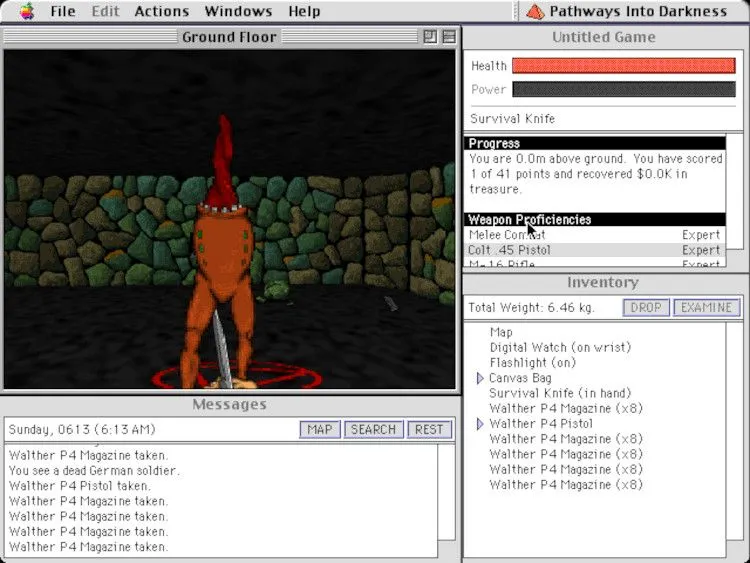 Hình ảnh gameplay của tựa game Pathways into Darkness trên máy Macintosh đời cũ.
