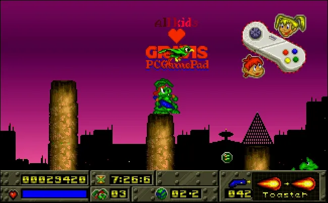 Hình ảnh gameplay Jazz Jackrabbit, một trong những tựa game đầu tiên của Epic Megagames, với bộ điều khiển Gravis PC Gamepad.