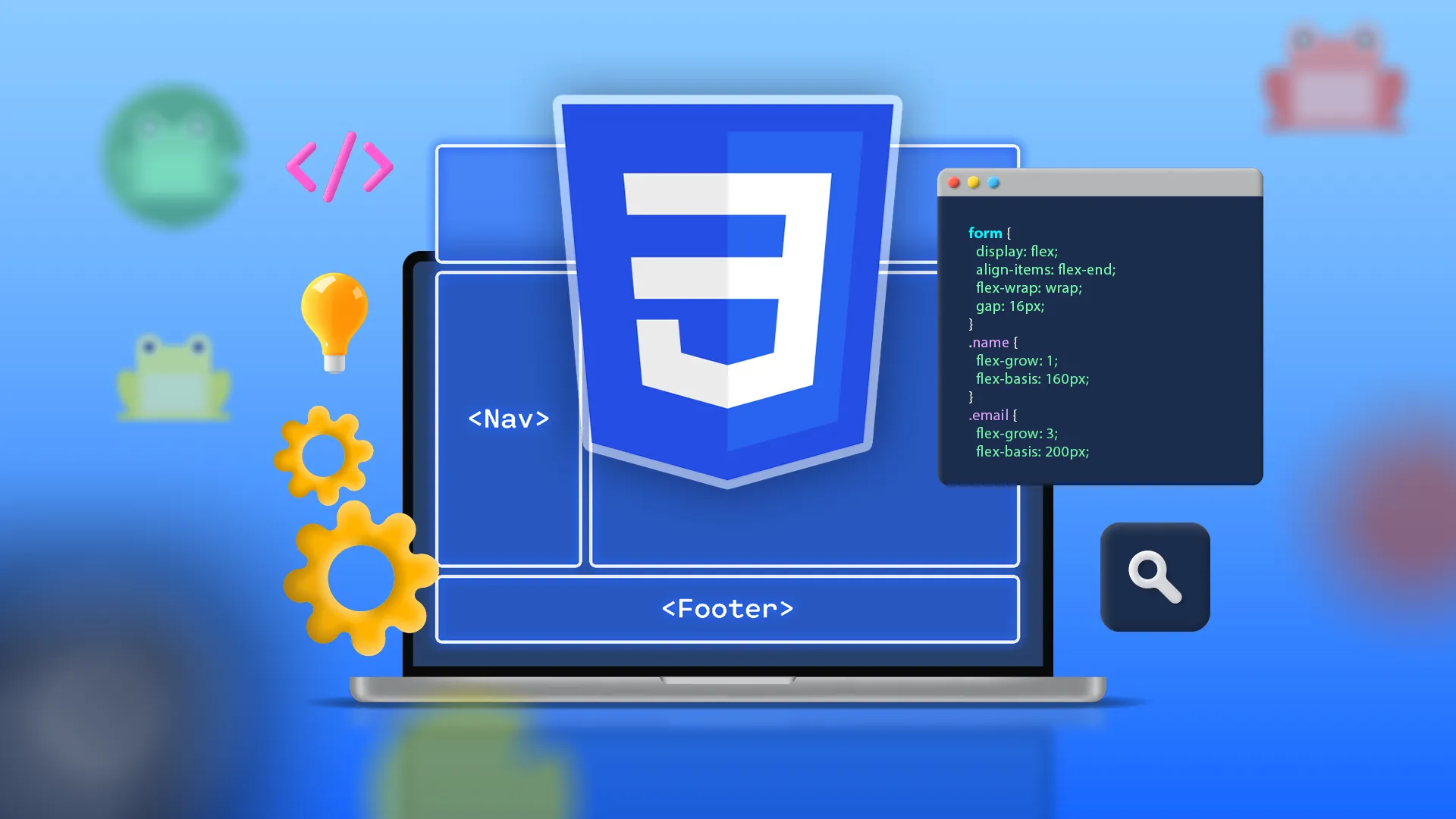 Hình ảnh laptop hiển thị logo CSS và các biểu tượng công nghệ, minh họa các tài nguyên học lập trình web tương tác.