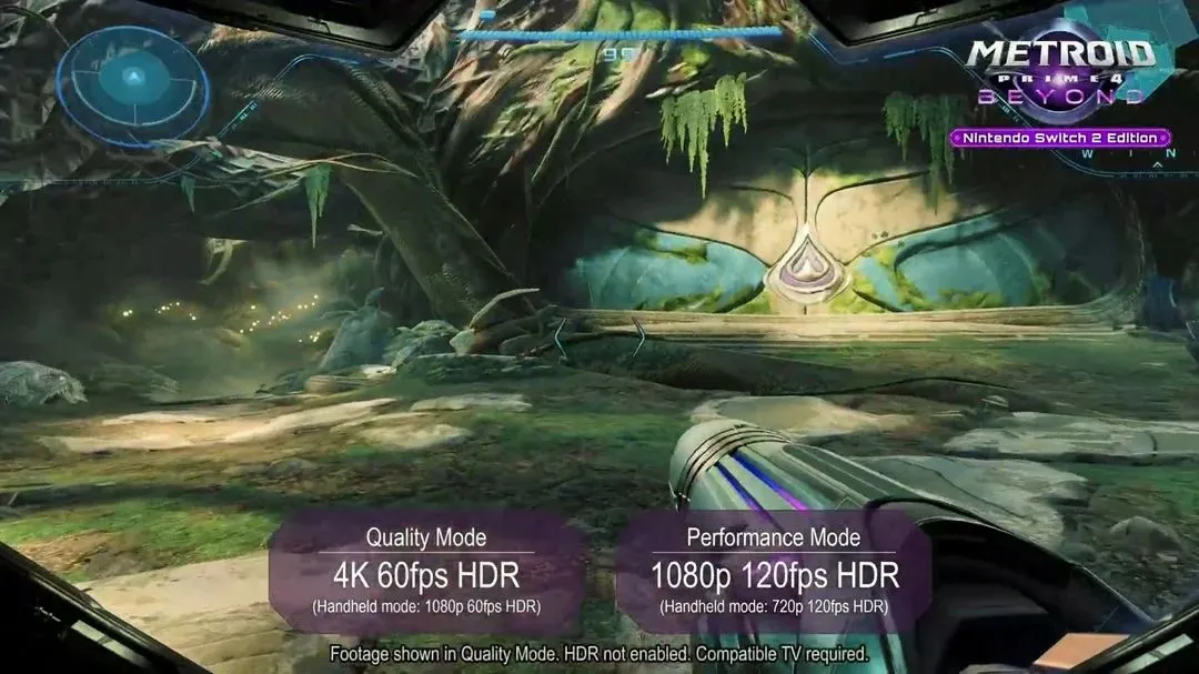 Hình ảnh Metroid Prime 4 hiển thị hai chế độ hiệu năng, minh họa tùy chọn đồ họa có thể có trên phiên bản Switch 2 Edition