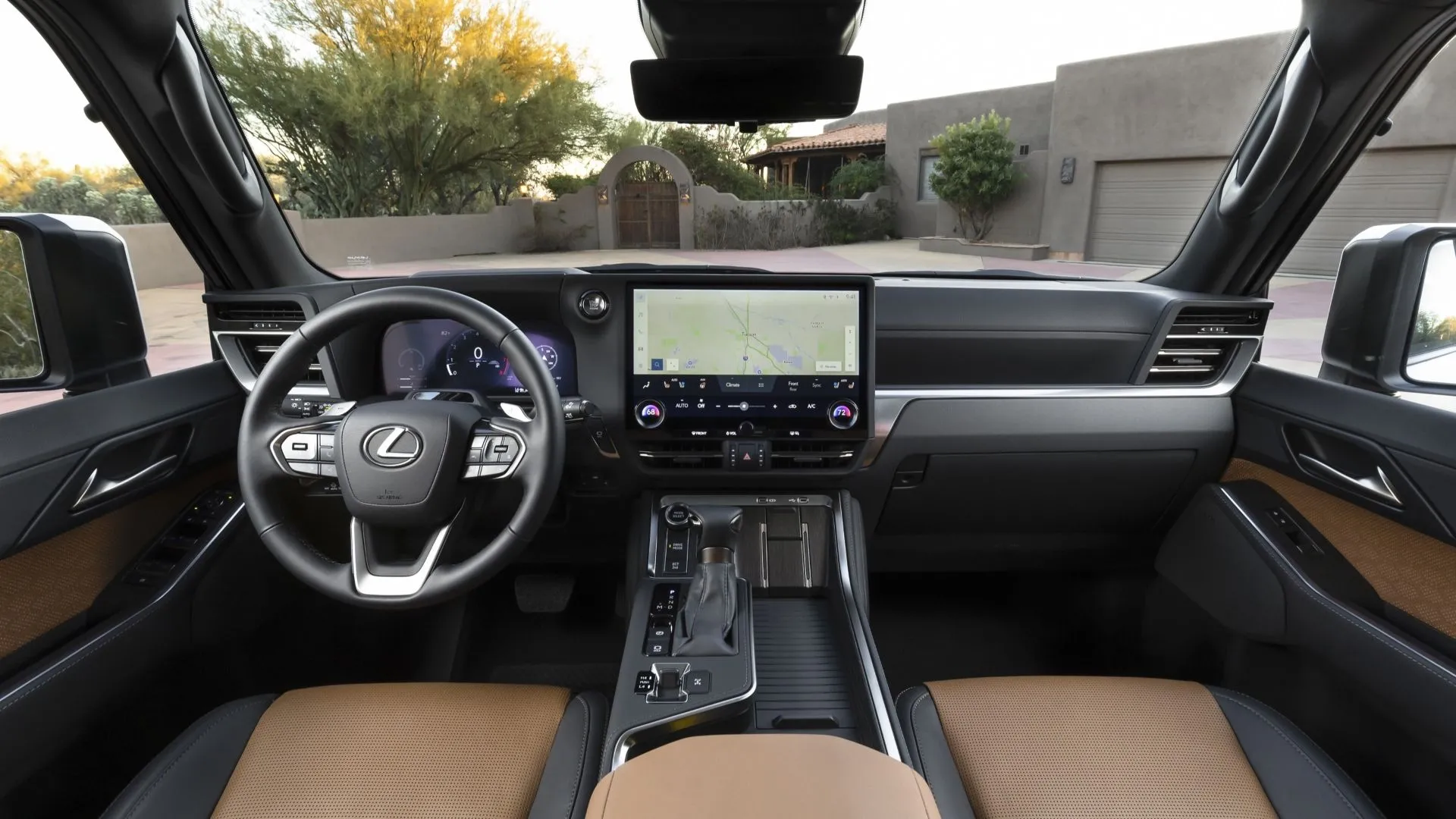 Hình ảnh nội thất bảng điều khiển của Lexus GX 2025, làm nổi bật màn hình trung tâm và các chi tiết sang trọng