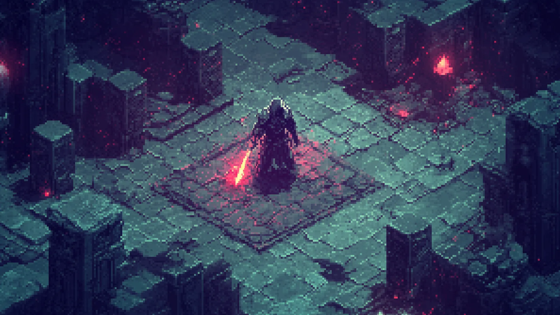 Hình ảnh pixel art do AI tạo ra mô tả một game nhập vai góc nhìn isometric tối tăm, Gothic như Diablo, với một nhân vật mặc áo giáp sắt ở trung tâm.