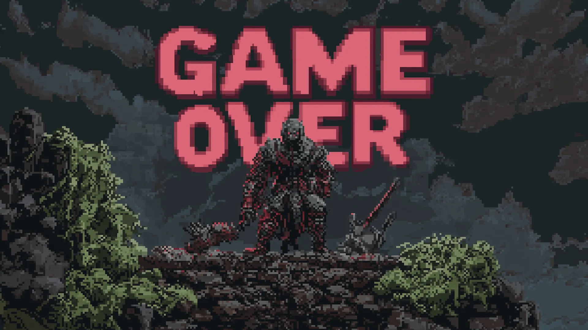 Hình ảnh pixel art mô tả một chiến binh bị đánh bại, tượng trưng cho &quot;game over&quot; và hậu quả trong game