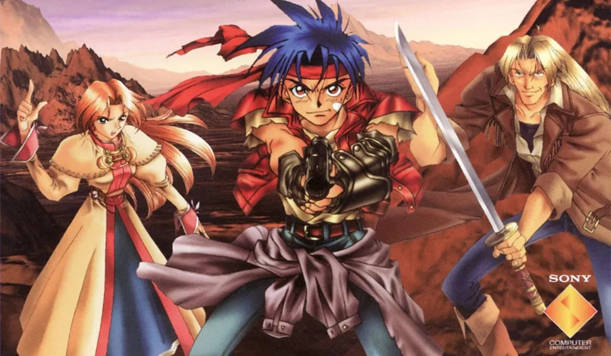 Hình ảnh quảng bá ba nhân vật chính từ tựa game JRPG Wild Arms, mang phong cách miền Viễn Tây độc đáo.