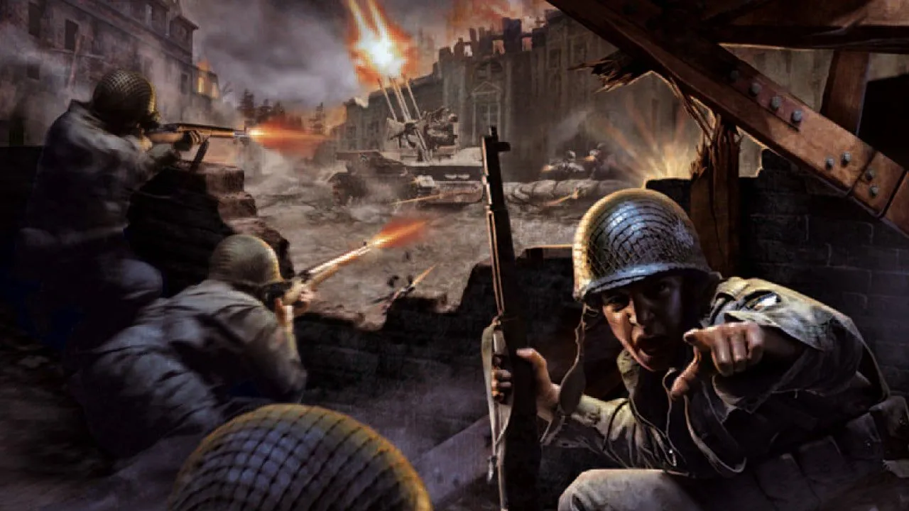 Hình ảnh quảng bá Call of Duty (2003) với nhóm lính trên chiến trường, biểu tượng game bắn súng góc nhìn thứ nhất.