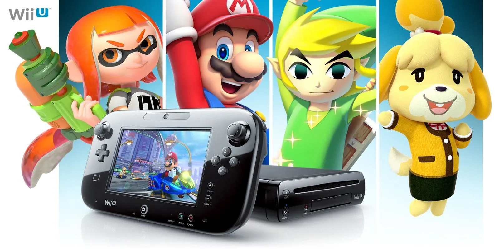 Hình ảnh quảng cáo của Nintendo Wii U kèm tay cầm GamePad, thể hiện tiềm năng hỗ trợ nhiều thiết bị điều khiển