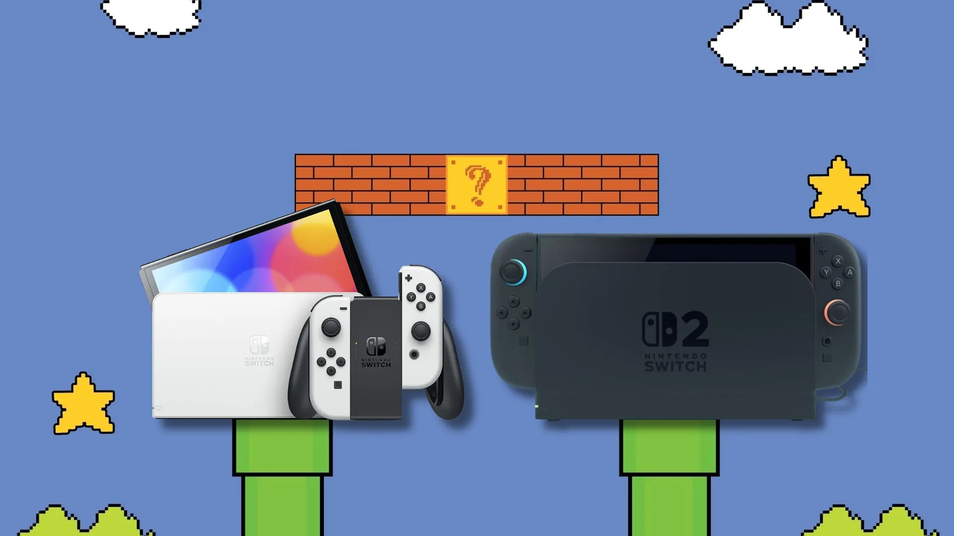 Hình ảnh so sánh Nintendo Switch OLED và Switch 2 đặt trên phông nền Super Mario, thể hiện sự khác biệt giữa hai thế hệ console