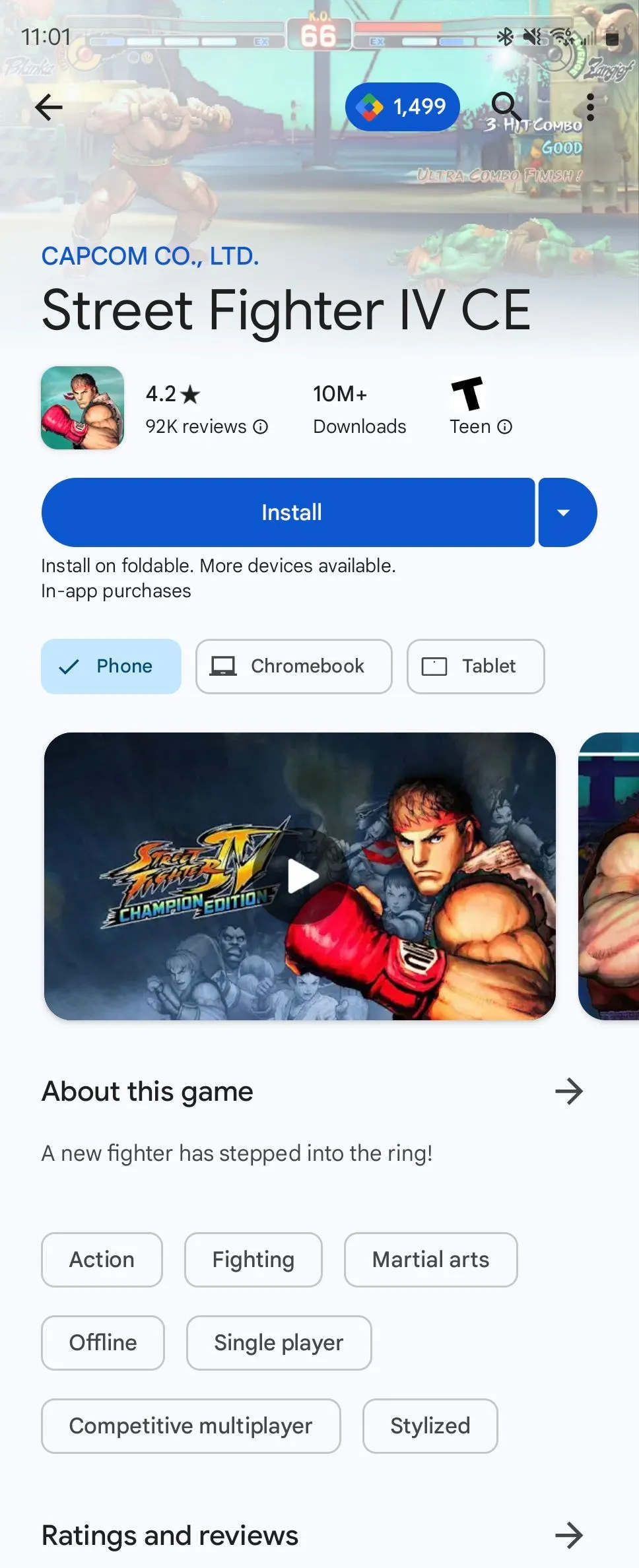 Hình ảnh Street Fighter IV, một tựa game đối kháng kinh điển, đã có mặt trên Google Play Store cho Android.