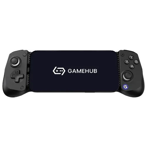 Hình ảnh tay cầm GameSir X5 Lite màu đen, hiển thị các nút điều khiển và kẹp điện thoại.