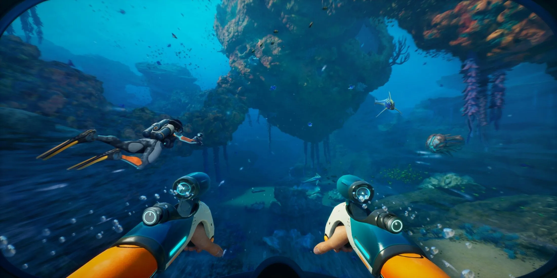 Hình ảnh teaser từ game Subnautica, cho thấy khung cảnh dưới nước với một con tàu vũ trụ đắm và hệ sinh thái biển