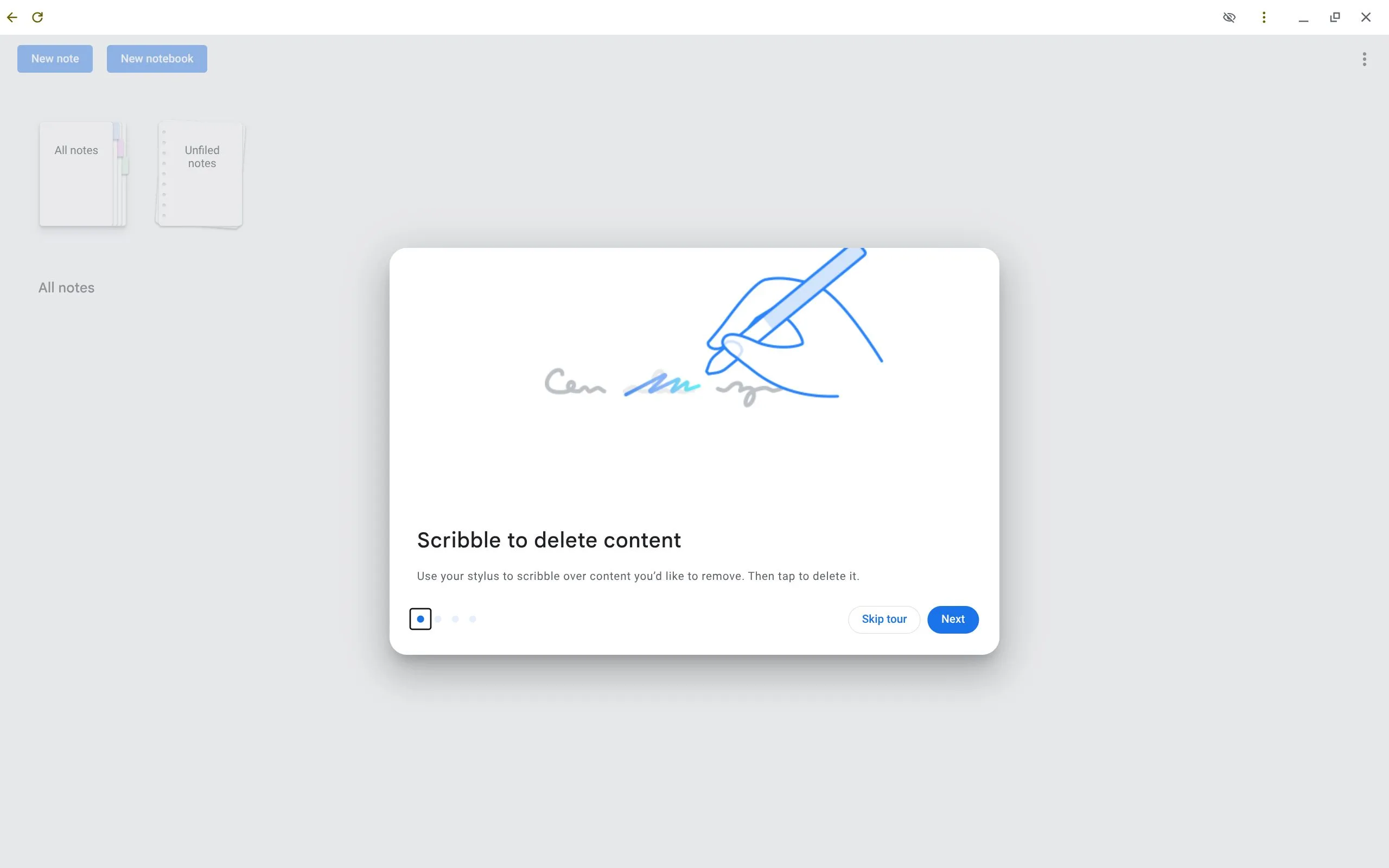 Hộp thoại hướng dẫn cử chỉ xóa trong ứng dụng Cursive trên Chromebook