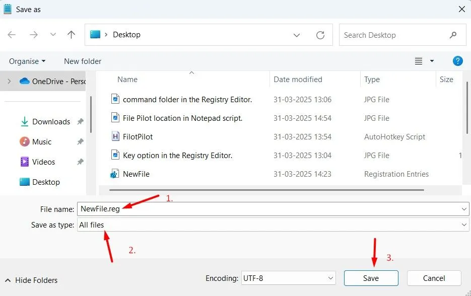 Hộp thoại &quot;Lưu Như&quot; trong Notepad, hiển thị tùy chọn &quot;Save as type&quot; được đặt thành &quot;All Files&quot; và tên tệp &quot;.reg&quot;