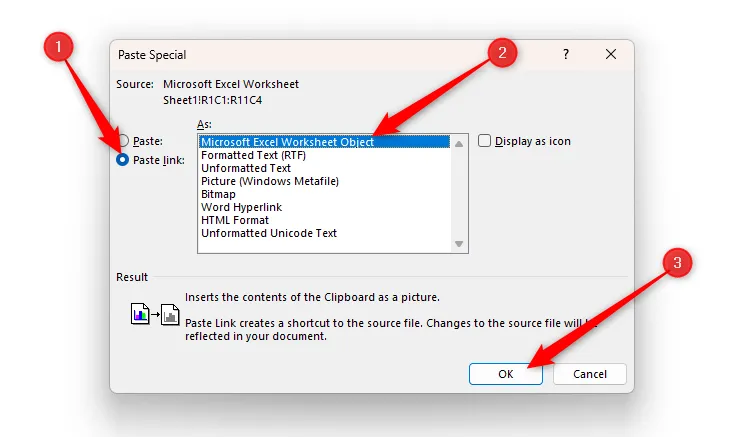 Hộp thoại &quot;Paste Special&quot; của Word với tùy chọn &quot;Paste Link&quot; được chọn và loại đối tượng &quot;Microsoft Excel Worksheet Object&quot; được tô sáng.