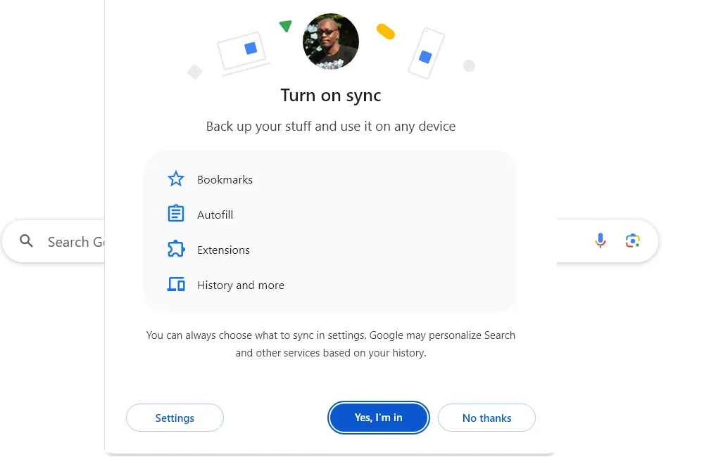 Hộp thoại xác nhận &quot;Đồng bộ hóa đã bật&quot; trên Chrome, với nút &quot;Vâng, tôi đồng ý&quot;