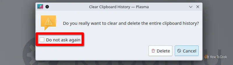 Hộp thoại xác nhận xóa lịch sử clipboard trên hệ điều hành Kubuntu Linux.