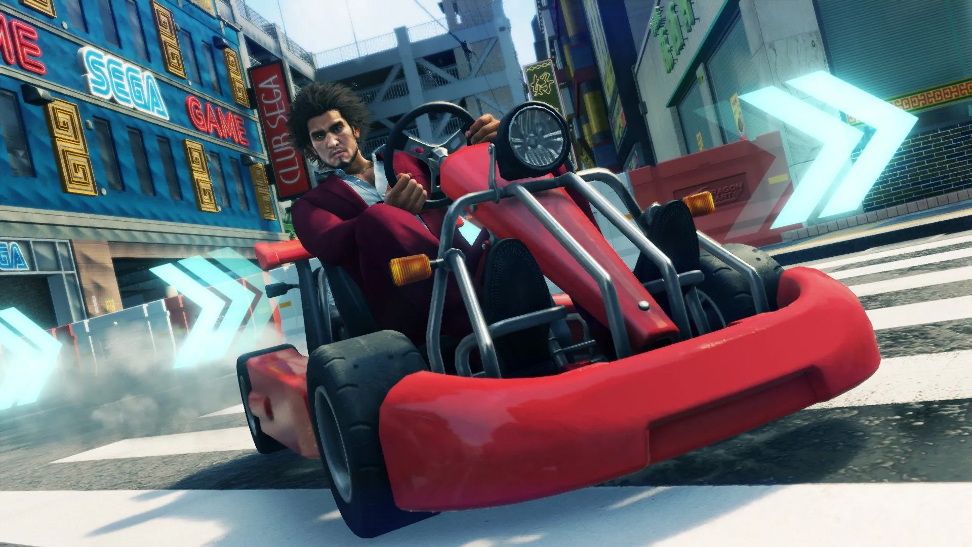 Ichiban Kasuga đang drift xe trong minigame Dragon Kart của Yakuza Like A Dragon